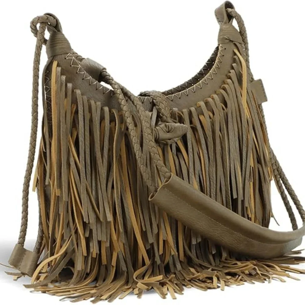 NWoT. Vegan Faux Suede Fringe Hobo Bag. Khaki/Brown.